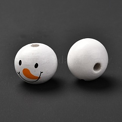 プリントウッドヨーロピアンビーズ  大穴ビーズ  クリスマステーマ  雪だるまの頭の模様で丸い  ホワイト  19.5x18mm  穴：4mm&nbsp;WOOD-F011-01