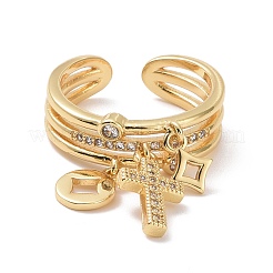 Clear Cubic Zirconia Cross & Coin & Star Charms Open Ring&nbsp;RJEW-P032-31G