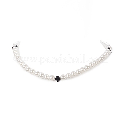 Natural Black Onyx Cross & Acrylic Imitation Pearl Beaded Necklace for Women&nbsp;NJEW-JN04218