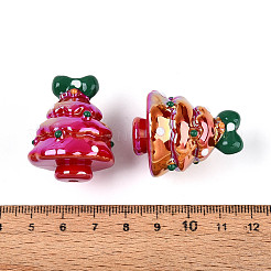 UVメッキ不透明アクリルビーズ  虹色の  ハートのクリスマスツリー  クリムゾン  34x27~28x27~28mm  穴：2.5~2.8mm&nbsp;OACR-N153-13B