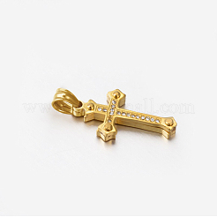 304ステンレススチールラインストーンクロスペンダント  18KGP本金メッキ  28x15x3.5~4mm  穴：5~10x5~5.5mm&nbsp;STAS-M185-41G