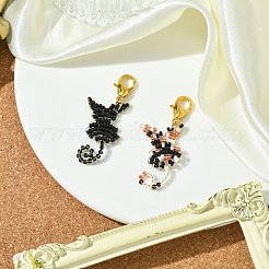 2個 2色 猫ガラスシードビーズ ルーム模様ペンダント装飾  合金製カニカン付き  ゴールドカラー  ミックスカラー  50mm  1pc /カラー&nbsp;HJEW-JM02628
