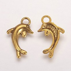 合金ペンダント  鉛フリーとニッケルフリー  イルカ  アンティーク黄金  11x19x2mm  穴：2.5mm&nbsp;X-PALLOY-A19234-AG-FF