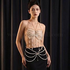 合金ハート型イミテーションパールラウンドビーズレイヤードタッセルボディチェストウエストチェーン  女性向けのセクシーなビキニジュエリー  ホワイト  ゴールドカラー  700mm  ウエスト: 710mm  2pc&nbsp;WGA0E03-04
