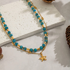 Vintage 304 Stainless Steel Starfish Pendant Natural Apatite Beaded Double Layer Necklaces&nbsp;DS9069-1
