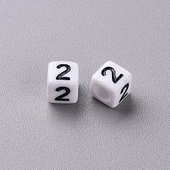 不透明な白いアクリルビーズ  黒の数字とハートの立方体  混成  6x6x6mm  穴：3.5mm  約300個/50g&nbsp;X-MACR-T038-13