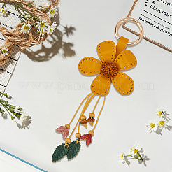 革と合金のキーホルダー  花  オレンジ  170x70mm&nbsp;HJEW-WH20022-04B-12