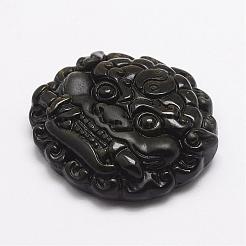 風水ナチュラルゴールデン光沢黒曜石彫刻ペンダント  貔貅  ダークカーキ  40.5x43x12mm  穴：2mm&nbsp;G-A169-036