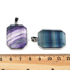 天然石蛍石ペンダント  ファセット長方形チャーム  ラックメッキ真鍮のパーツ  プラチナ  34x23x8mm  穴：4.5x6mm&nbsp;G-B139-02P-05
