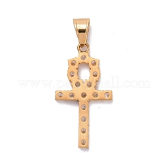 304ステンレスペンダント  キュービックジルコニア付き  クロス  透明  ゴールドカラー  37x20x3mm  穴：5x7mm&nbsp;STAS-E439-79G