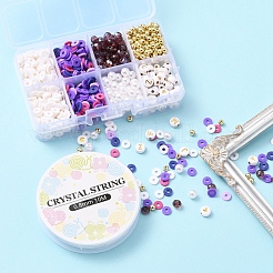 DIYレター＆イミテーションパール＆ヘイシビーズブレスレット作りキット  ディスクポリマークレイと電気メッキガラスとabsプラスチック模造真珠とメッキアクリルビーズを含む  伸縮性のある糸  パープル  ビーズ：1132個/セット&nbsp;DIY-YW0005-23D