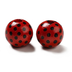 プリントウッドラウンドビーズ  赤＆黒  水玉模様  15.5~16x14.5~15mm  穴：3.5~5mm&nbsp;WOOD-C012-01B