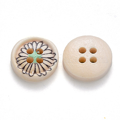 2つ穴ウッドボタン  片面プリント  花付きフラットラウンド  ミックスカラー  13x4mm  穴：1.6mm&nbsp;BUTT-N016-07