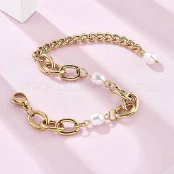 女性用 304 ステンレススチールケーブル & キューバンリンクチェーンブレスレット  イミテーションパールビーズ付き  18KGP本金メッキ  5-1/4インチ（13.5cm）&nbsp;BJEW-C089-07G