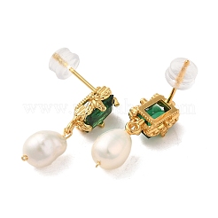 スターリングシルバーのスタッドピアス  天然パールと  ガラス  女性のためのジュエリー  18KGP本金メッキ  19x7.5mm&nbsp;EJEW-K273-08G