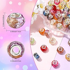 60個 12色透明樹脂ロンデルヨーロピアンビーズ  金箔とシルバートーンの真鍮ダブルコア付き  大穴ビーズ  ミックスカラー  13.5~14x8.5~9mm  穴：4.8~5mm  5個/カラー&nbsp;RESI-YW0006-15