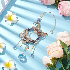 鉄の蝶と天然アメジストのチップリングペンダント装飾  庭の家の飾り用のガラスの丸いタッセルチャーム  295mm  ペンダント：180x90mm&nbsp;HJEW-TA00244