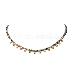Natural Multicolor Tourmaline Faceted Rondelle Baded Necklaces with 201 Stainless Steel Teardrop Charms&nbsp;NJEW-JN06428-01