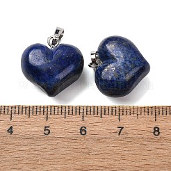 染めの天然ラピスラズリのペンダント  真鍮のスナップオンベイル付きハートチャーム  プラチナ  17x17.5x11mm  穴：6.5x4mm&nbsp;G-B188-04P-01