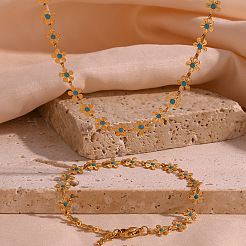 304 Stainless Steel Deep Sky Blue Enamel Flower Link Chain Necklaces for Women&nbsp;FS-WG93F36-01
