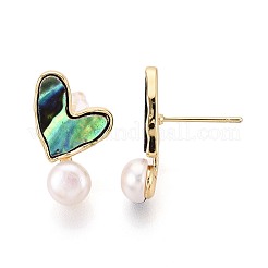 Heart Brass Natural Pearl Stud Earrings&nbsp;PEAR-N017-07D