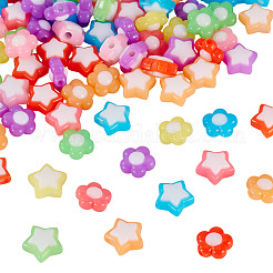 100個 2スタイル ツートン不透明アクリルビーズ  模造ゼリー  花と星  ミックスカラー  16~17x16~18x9~10mm  穴：2.8~3.8mm  50個/スタイル&nbsp;SACR-TA0001-59