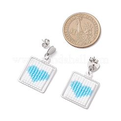 手作りのガラスシードビーズのスクエアとハートのダングルスタッドピアス  ステンレス鋼色  空色  33.5x20.5mm&nbsp;EJEW-MZ00559-05