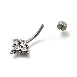 304ステンレススチール製クリアキュービックジルコニアカーブバーベルへそリング  ステンレス鋼色  菱形  25.5mm  ピン：1.6mm  ヘッド：4.5x5mm&nbsp;AJEW-D306-03P-03