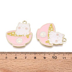 合金エナメルペンダント  ゴールドカラー  猫＆猫の足跡チャーム付きボウル  ピンク  32.5x28.5x1.6mm  穴：2.2mm&nbsp;FIND-H040-01F