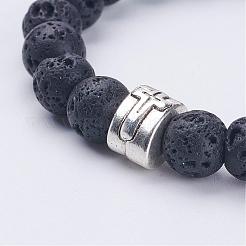 天然溶岩ロックビーズストレッチブレスレット  合金ヨーロッパのビーズ付き  2インチ（50mm）&nbsp;BJEW-JB02854