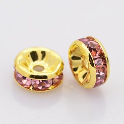 真鍮製ラインストーンスペーサービーズ  カドミウムフリー＆鉛フリー  グレードA  ストレートフランジ  ゴールデンの金属色  ロンデル  ライトローズ  8x3.8mm  穴：1.5mm&nbsp;RB-A014-Z8mm-27G