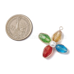 ガラスチャーム  銅線と貝殻の真珠の花  多面カット  カラフル  34.5x31.5x9mm  穴：2.6mm&nbsp;PALLOY-TA00320