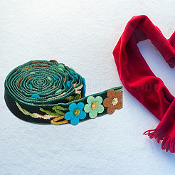 ベルベットの手作り花刺繍レースリボン  DIYクラフト用  縫製装飾  ミディアムシーグリーン  5/8インチ（16mm）&nbsp;SRIB-WH0011-077B