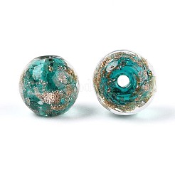 手作りゴールドパウダー入りランプワークビーズ  ラウンド  ミディアムターコイズ  9~10x9~10mm  穴：1.5mm&nbsp;LAMP-T016-10C