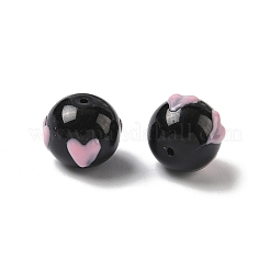 手作りのガラスエナメルビーズ  ハート付きのラウンド  染め＆加熱  ピンク  13~13.5x11mm  穴：1mm&nbsp;GLAA-K070-45A