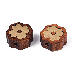 天然白檀の数珠と真鍮製のビーズ  染色されていない  4葉のクローバー  14x14x7mm  穴：2mm&nbsp;WOOD-T032-33E