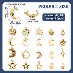 80pcs20スタイルチベットスタイルアロイペンダント  月と太陽と星のシリーズのペンダントセット  アンティーク黄金  11~26x8~16x1~4mm  穴：1~2.5mm  4個/スタイル&nbsp;FIND-UN0007-50