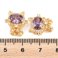 真鍮製マイクロパヴェキュービックジルコニアビーズ  ニッケルフリー  猫の形  18KGP本金メッキ  紫色のメディア  17x14x7mm  穴：1.8mm&nbsp;KK-A298-13G-02