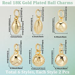 12個6スタイル真鍮ペンダント  ボールチャーム  18KGP本金メッキ  丸カン付き  混合図形  8~11x5~6x5~6mm  穴：2.3~3.2mm  2個/スタイル&nbsp;KK-BBC0025-57