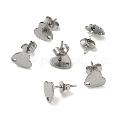 変色しない304ステンレススチール製ハートスタッドピアス金具  カン付き  ステンレス鋼色  8x8mm  穴：1mm  ピン：0.8mm&nbsp;X-STAS-R063-37
