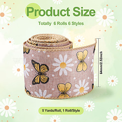 6ロール6種類のポリエステルリボン  ギフト包装用  花の弓工芸品の装飾  蝶&タータンチェック&花&蜂&ひまわり柄  混合模様  混合模様  2-1/2インチ（64mm）  5ヤード/ロール  1ロール/スタイル&nbsp;OCOR-KS0001-01