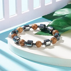 天然木と合成ヘマタイトビーズストレッチブレスレット  女性のためのアクセサリー用原石のアクセサリー  ミックスカラー  内径：2-1/2インチ（6.5cm）&nbsp;BJEW-JB07937