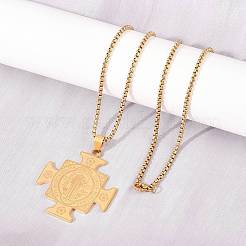 Religion 201 Stainless Steel Saint Benedict Medal Cross Pendant 304 Stainless Steel Box Chain Necklaces&nbsp;SA-H003-01G