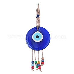 Flat Round with Evil Eye Glass Tassel Pendant Decorations&nbsp;EVIL-PW0002-15