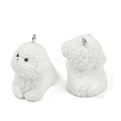 フロッキー樹脂ペンダント  犬  プラチナ鉄ループ付き  ホワイト  29.5x21x27.5mm  穴：2mm&nbsp;FIND-A052-06J