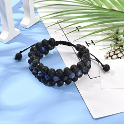 メンズ3連編み込みビーズブレスレット  天然溶岩とソーダライトビーズのブレスレット  内径：2-1/8インチ（5.5~9.7cm）&nbsp;BJEW-JB06960-01