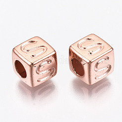 CCBプラスチックビーズ  水平穴  文字付きのキューブ  ローズゴールド  7x7x7mm  穴：3.5mm  約2000個/500g&nbsp;CCB-N004-001A-RG