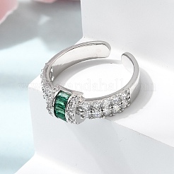 女性用真鍮マイクロパヴェキュービックジルコニアカフオープンリング  長持ちメッキ  ラックめっき  プラチナ  グリーン  7mm  usサイズ7 1/4(17.5mm)&nbsp;RJEW-L343-04P-02