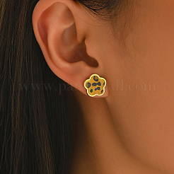 バレンタインデーのステンレススチールスタッドピアス  ヒョウプリントの花  18KGP本金メッキ  ブラウン  12x13mm&nbsp;SA4247