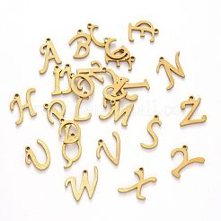 PVD真空メッキ201ステンレススチールチャーム  アルファベット  レーザー切断  18KGP本金メッキ  a～zの文字  10~14.5x4~14x1mm  穴：1mm  26個/セット。&nbsp;STAS-R105-1
